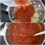 3. Wlać pomidory do naczynia z cebulką i gotować do czasu aż sos będzie gęsty