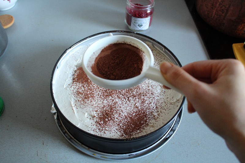 10. Wyłożyć ostatnią warstwę kremu i posypać ciasto kakaem oraz pudrem malinowym
